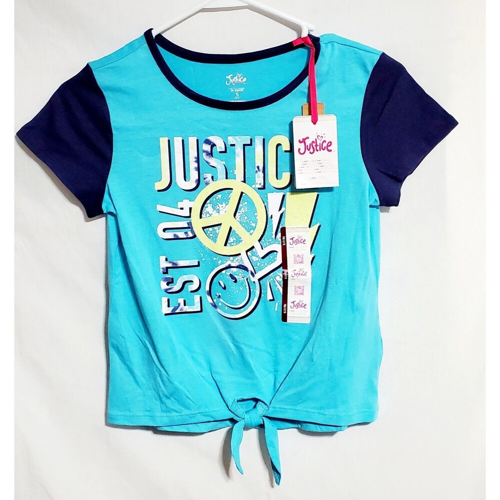 Justice Girls Graphic Tie Knot Front Short Sleeve Tee Size S (7/8) Blue NWT